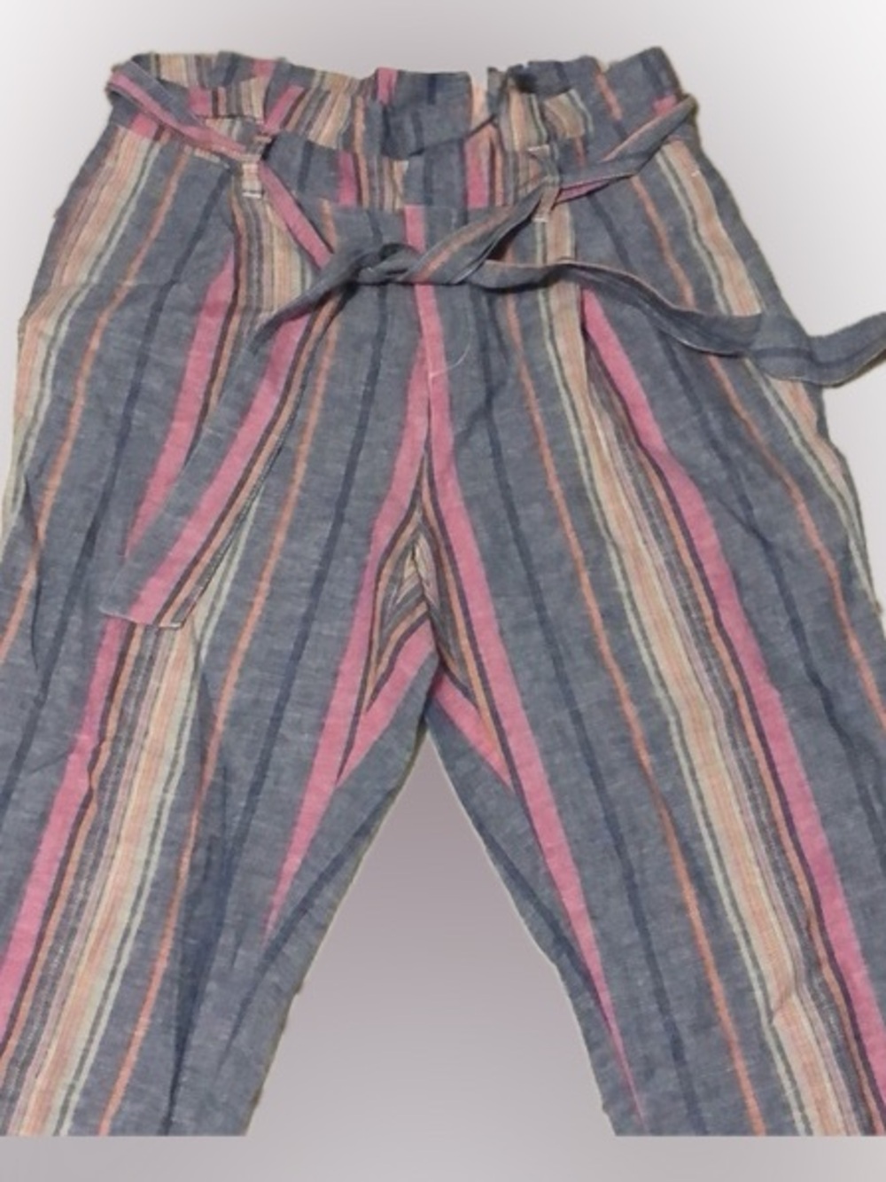 Soho Striped Tie-Waist Linen-Blend Pants — Pink & Blue - Size M